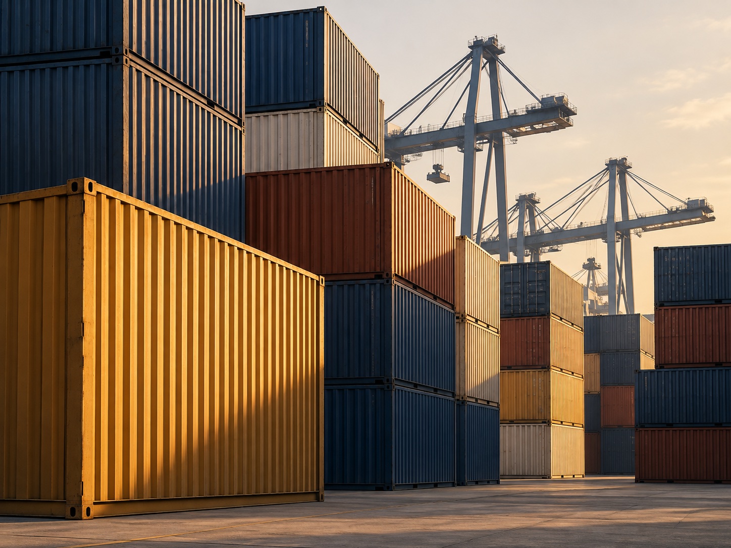 Shipping containers and port cranes in warm light